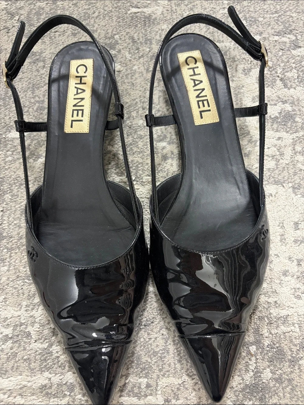 CHANEL Black Patent Leather Pointed Slingback Mules